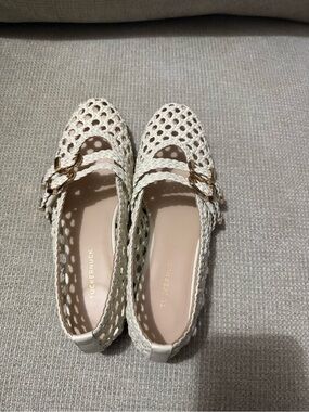 Tuckernuck White Woven Buckle Nina Leather Flats with Gold Buckle